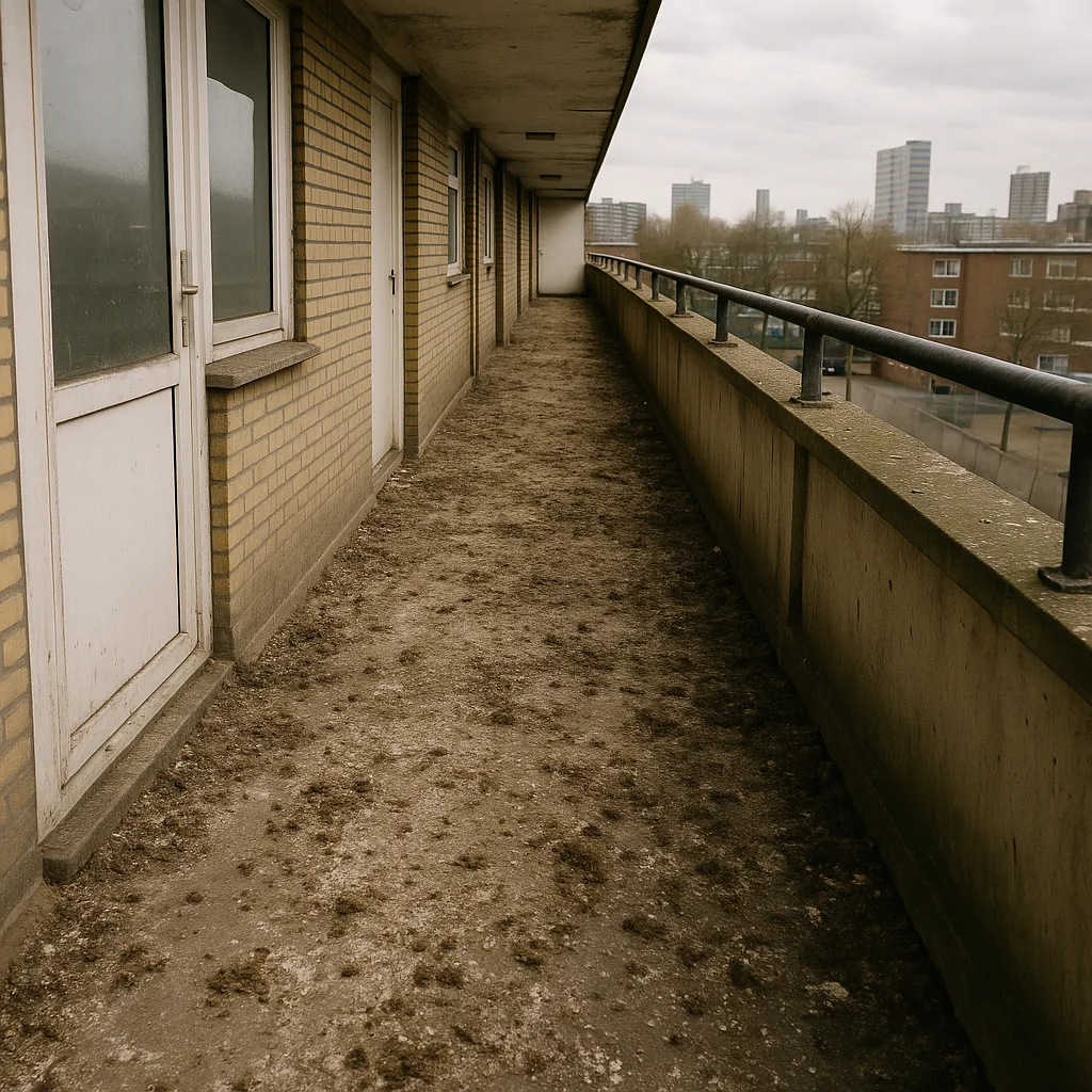 Avant — Balcon et coursive souillés par des fientes de pigeon