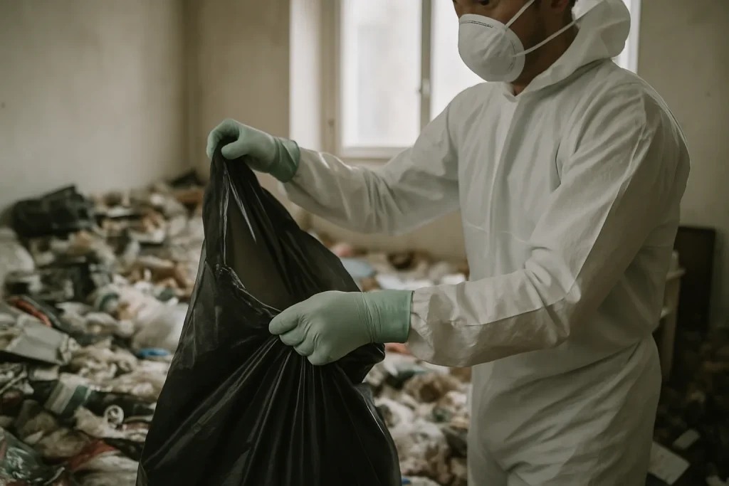 Intérieur d'un appartement à Cosne-Cours-Sur-Loire, montrant un grand désordre et des déchets.