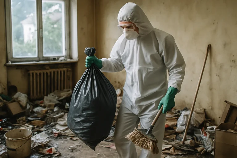 Salle de séjour en désordre avec des objets et déchets éparpillés dans un appartement.