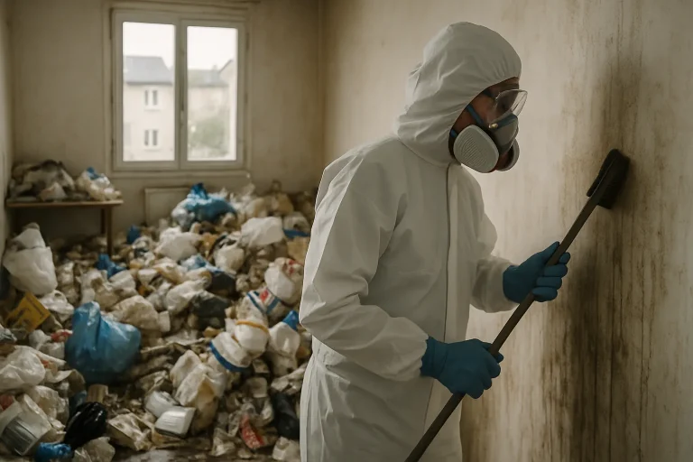Appartement en désordre avant nettoyage, avec des déchets et objets éparpillés.