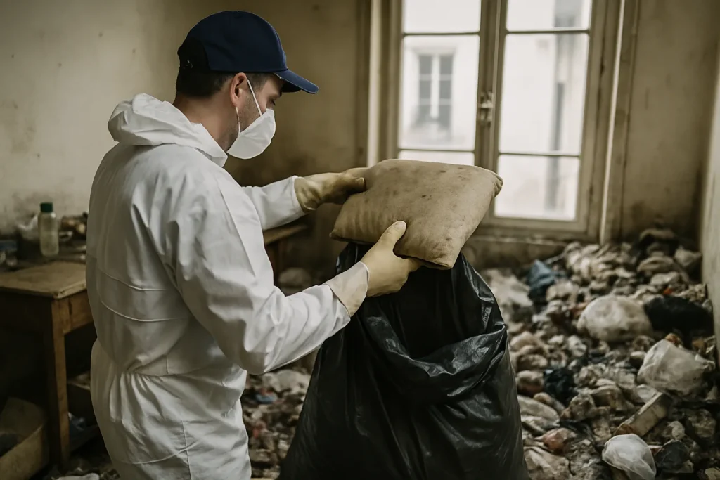 Avant et après le nettoyage d'un appartement à Belleville, montrant un grand désordre et ensuite un espace propre.