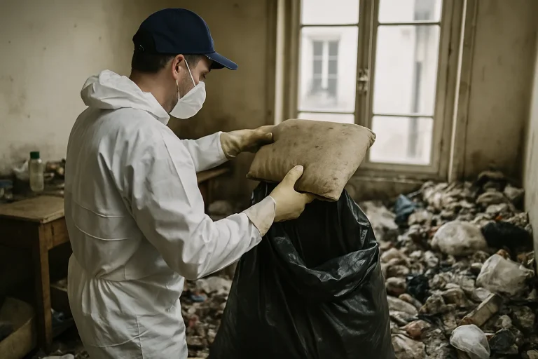 Avant et après le nettoyage d'un appartement à Belleville, montrant un grand désordre et ensuite un espace propre.