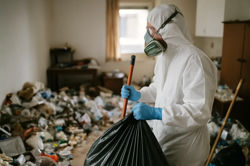 Appartement à Brives-Charensac avec des déchets et un désordre visible, avant intervention.