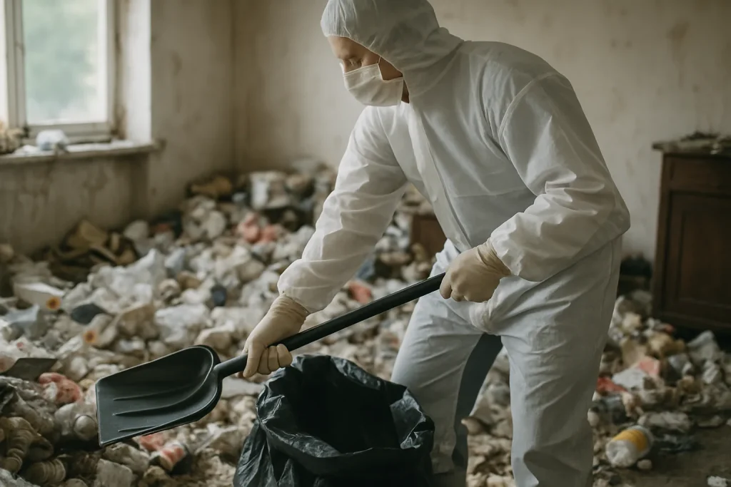 Appartement en désordre à Yzeure avec déchets et objets éparpillés.
