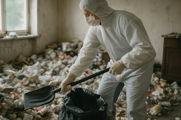 Appartement en désordre à Yzeure avec déchets et objets éparpillés.