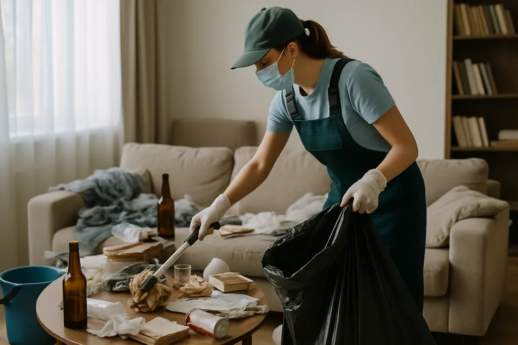 Professionnels nettoyant un appartement en désordre à Saint-Georges-D'Esperanche, avec des objets éparpillés.