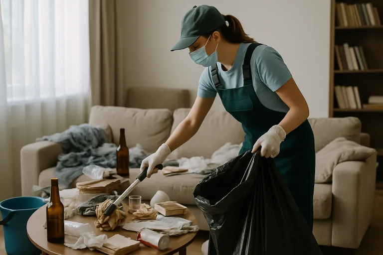 Professionnels nettoyant un appartement en désordre à Saint-Georges-D'Esperanche, avec des objets éparpillés.