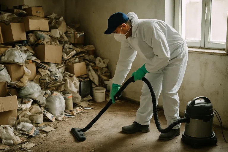 Équipe de nettoyage dans un appartement en désordre à Iffendic, travaillant pour éliminer le syndrome de Diogène.
