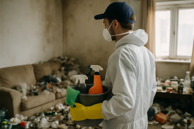 Intérieur d'un appartement en désordre avant le nettoyage après syndrome de Diogène à Inguiniel.