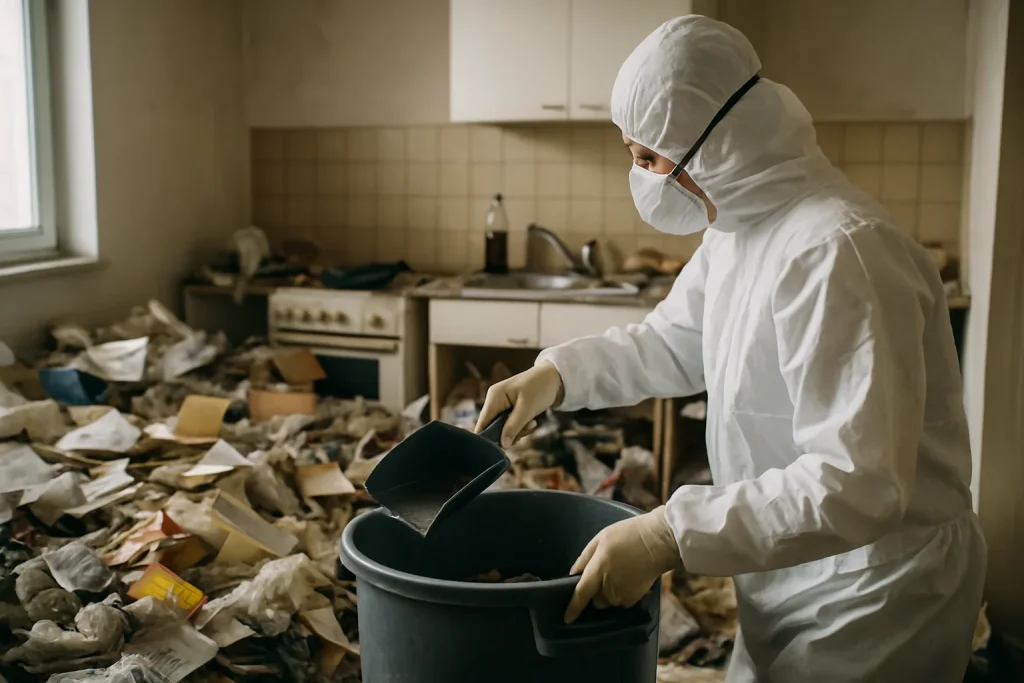 Appartement en désordre avec objets entassés, illustrant un besoin de nettoyage après syndrome de Diogène.
