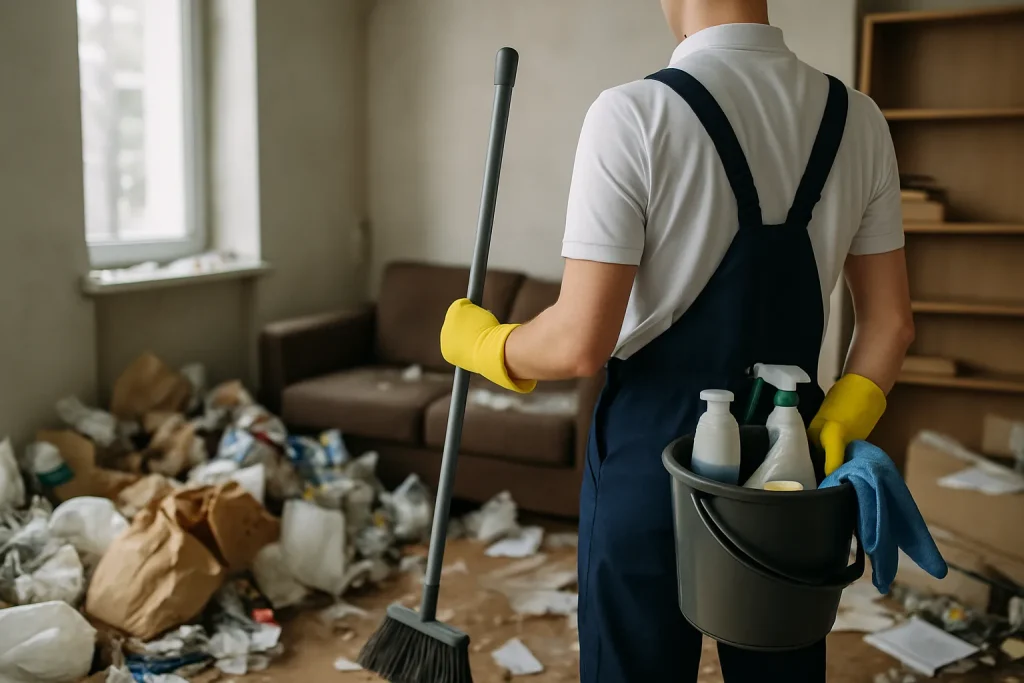 Intérieur d'un appartement en désordre à Tremeven, illustrant un besoin urgent de nettoyage.