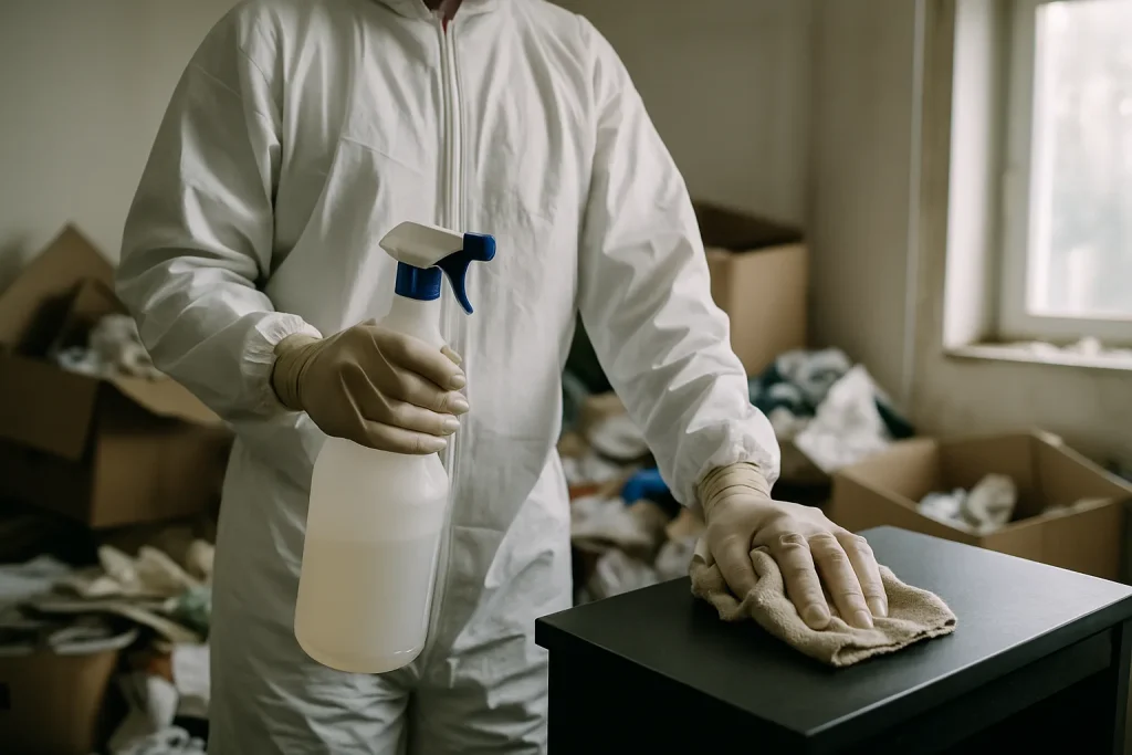 Vue d'un appartement encombré après accumulation d'objets, nécessitant une intervention.