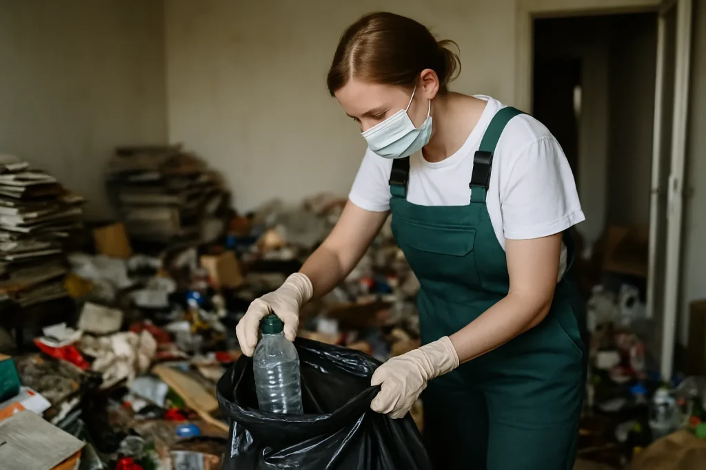 Appartement en désordre avec objets et déchets éparpillés, nécessitant un nettoyage après diogène.