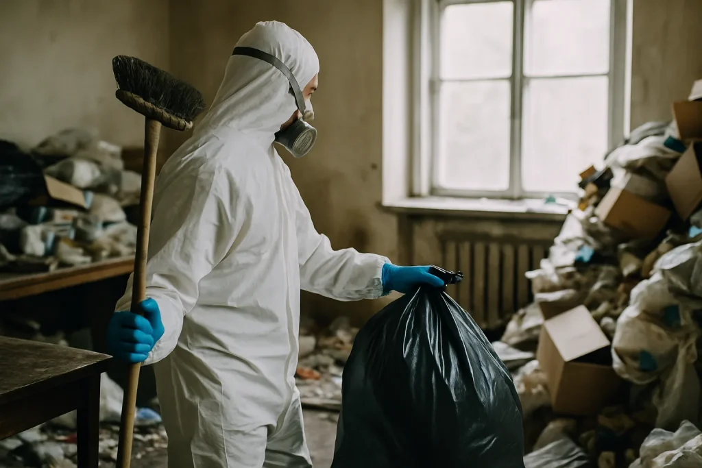Une pièce en désordre avec déchets, en attente d'un nettoyage après diogène à Vertaizon.