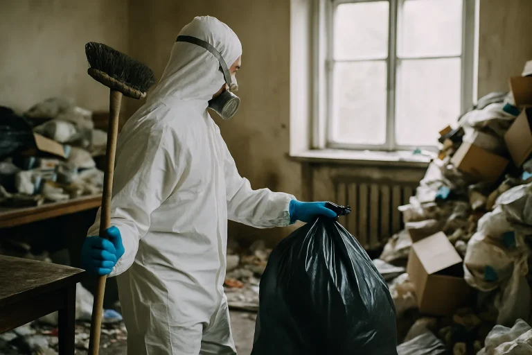 Une pièce en désordre avec déchets, en attente d'un nettoyage après diogène à Vertaizon.