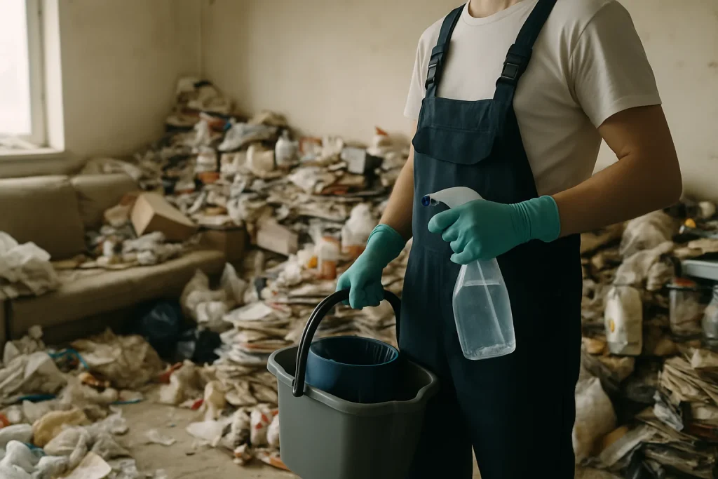 Intérieur d'une maison à Amilly en désordre, avec des objets entassés et de la poussière.