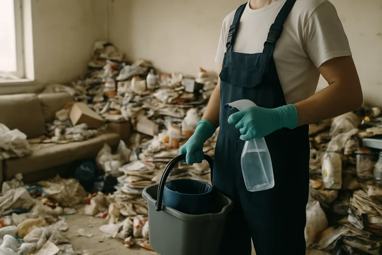 Intérieur d'une maison à Amilly en désordre, avec des objets entassés et de la poussière.