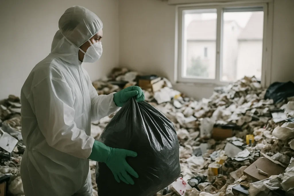 Appartement en désordre avec des déchets, symbolisant le syndrome de Diogène à Geveze.
