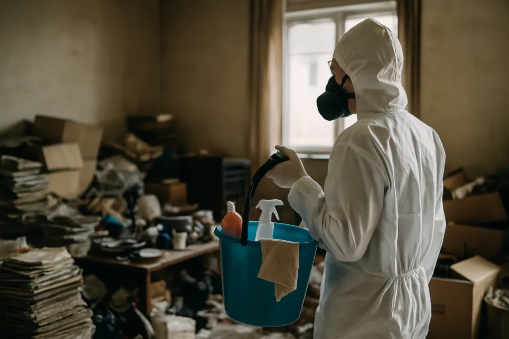 Intérieur d'appartement à Polliat avec des objets et des déchets éparpillés
