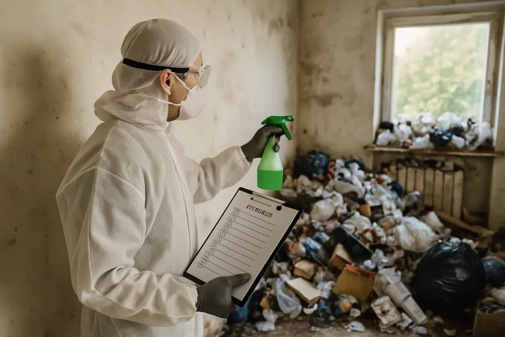Appartement en désordre à Plozevet, rempli d'objets divers et de déchets, avant nettoyage.