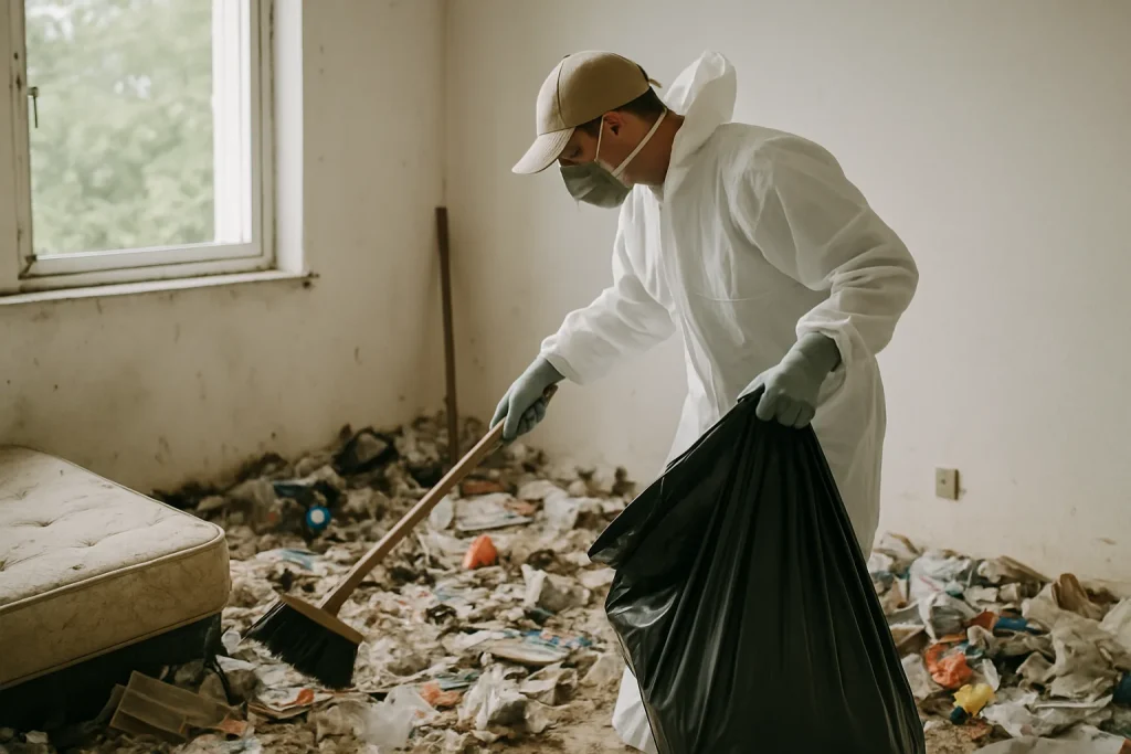 Intérieur d'une maison à Arradon avec un désordre important, nécessitant un nettoyage après syndrome de Diogène.