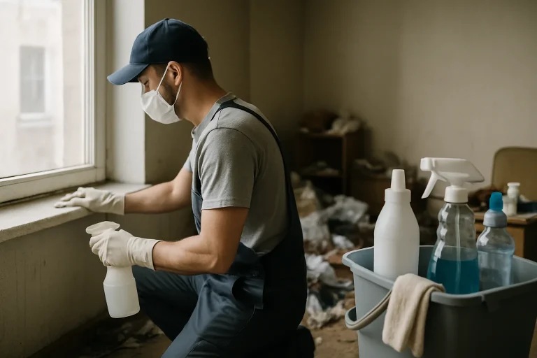 Une pièce en désordre avec des déchets avant le nettoyage à Ingre.