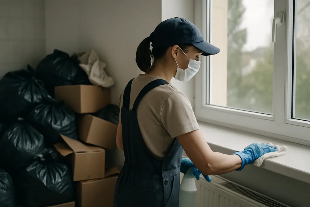 Équipe de nettoyage triant des déchets dans un appartement de Chassieu.