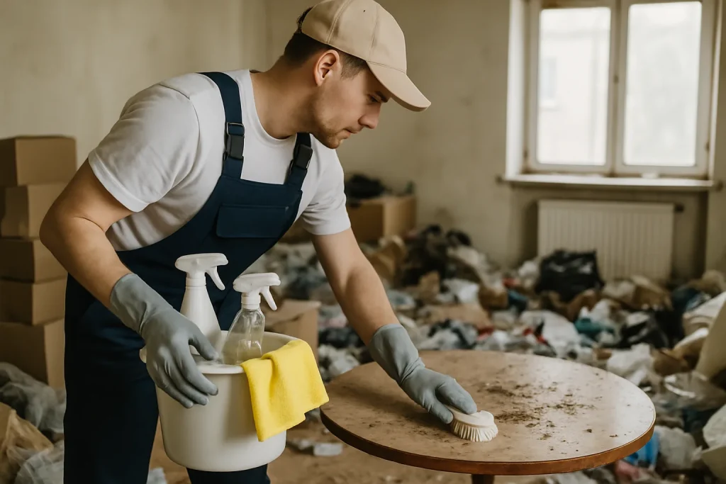 Pièce en désordre à Breteil avec déchets éparpillés, avant nettoyage.