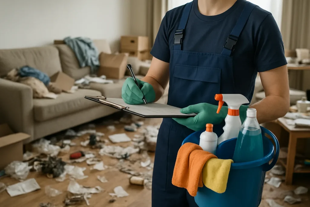 Un expert en nettoyage s'affaire à débarrasser un appartement encombré de déchets à Thorens-Glieres.