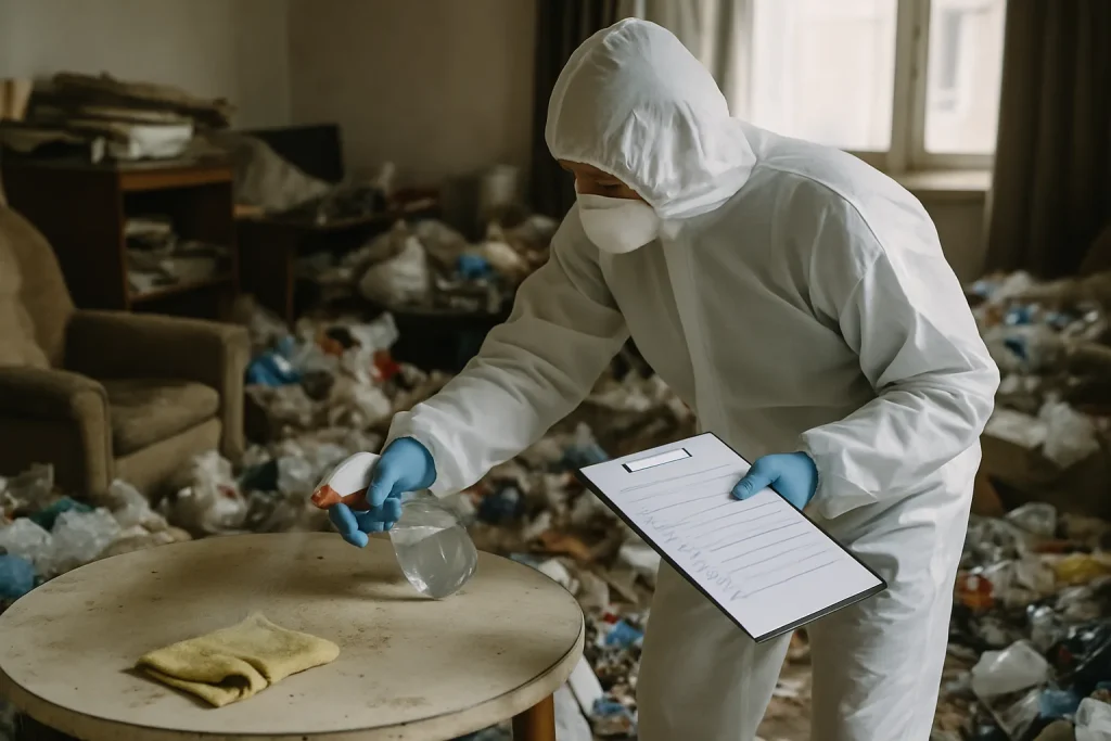 Équipe de nettoyage en train d'évacuer des déchets dans un appartement insalubre à Mercury.