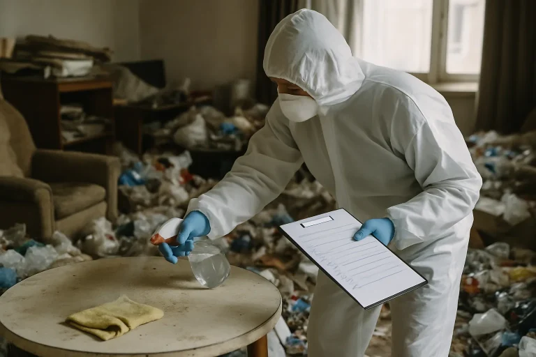 Équipe de nettoyage en train d'évacuer des déchets dans un appartement insalubre à Mercury.