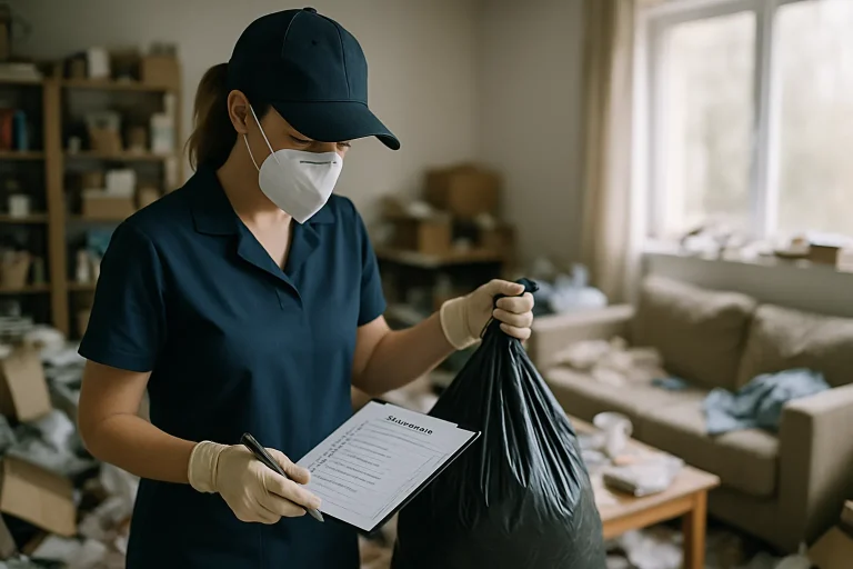Intérieur d'un appartement à Seez en désordre, avec des déchets et objets éparpillés.