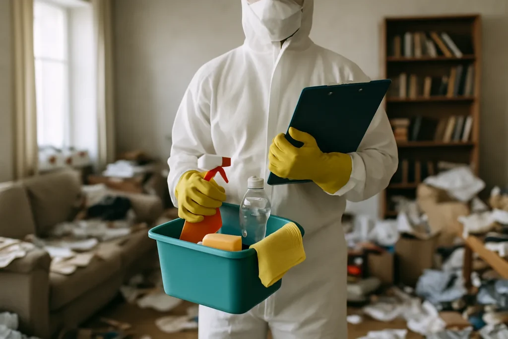 Un professionnel nettoie un appartement en désordre à Goven après syndrome de Diogène.