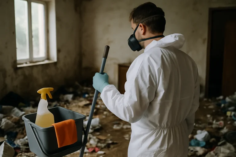 Intérieur d'un appartement à Muzillac, encombré de déchets et objets divers avant nettoyage.