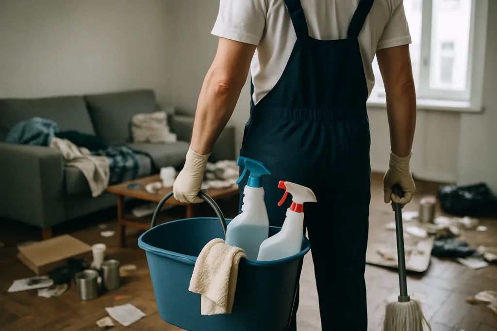 Intérieur d'un appartement à Quiberon en désordre avec des objets et des déchets éparpillés.
