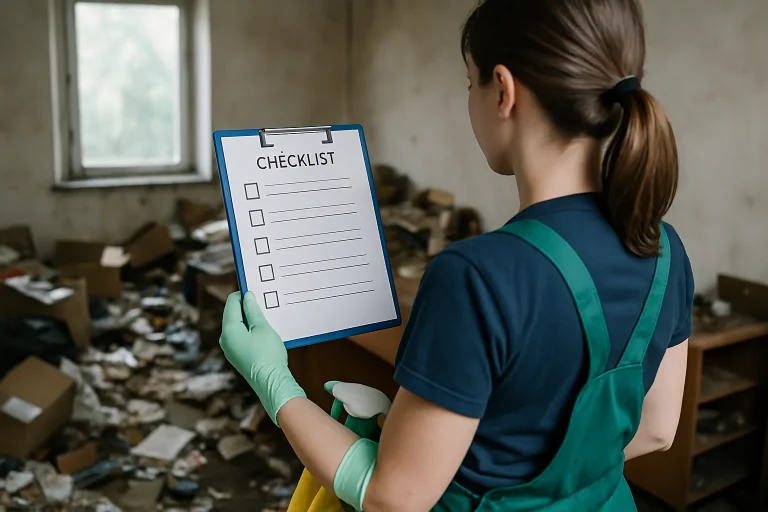 Intérieur d'une pièce en désordre avec des déchets et des objets éparpillés, illustrant un besoin de nettoyage.