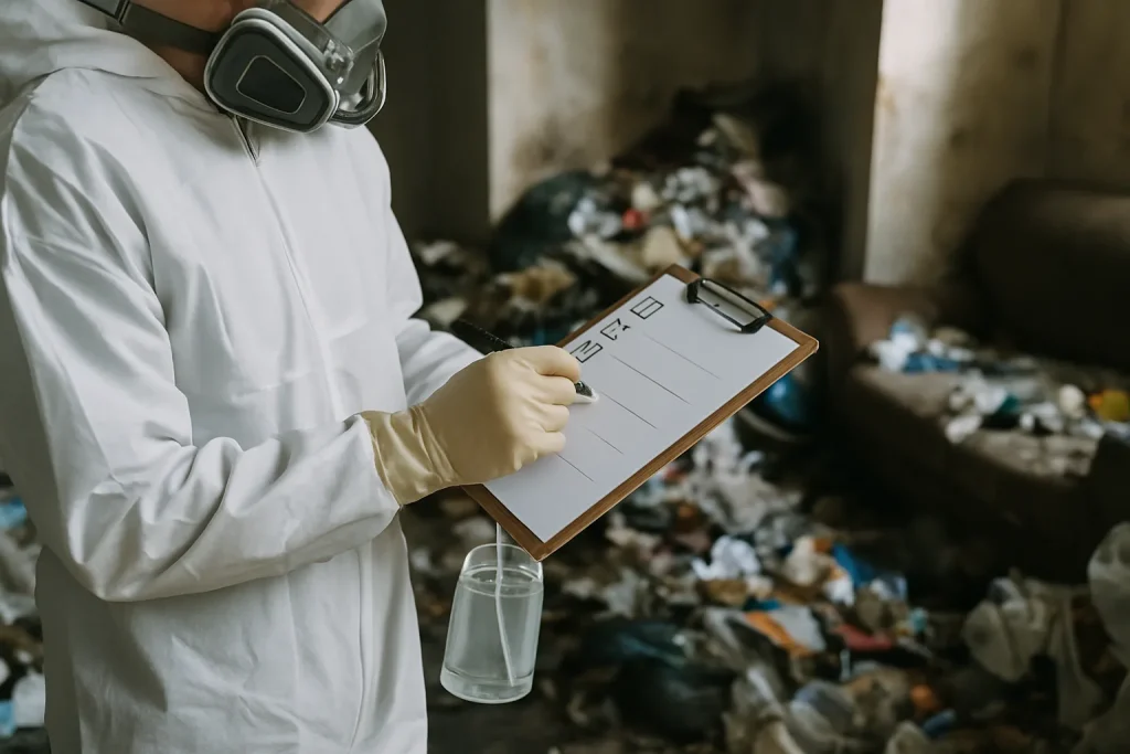 Un professionnel du nettoyage dans une pièce encombrée à Montchanin, trient des déchets.