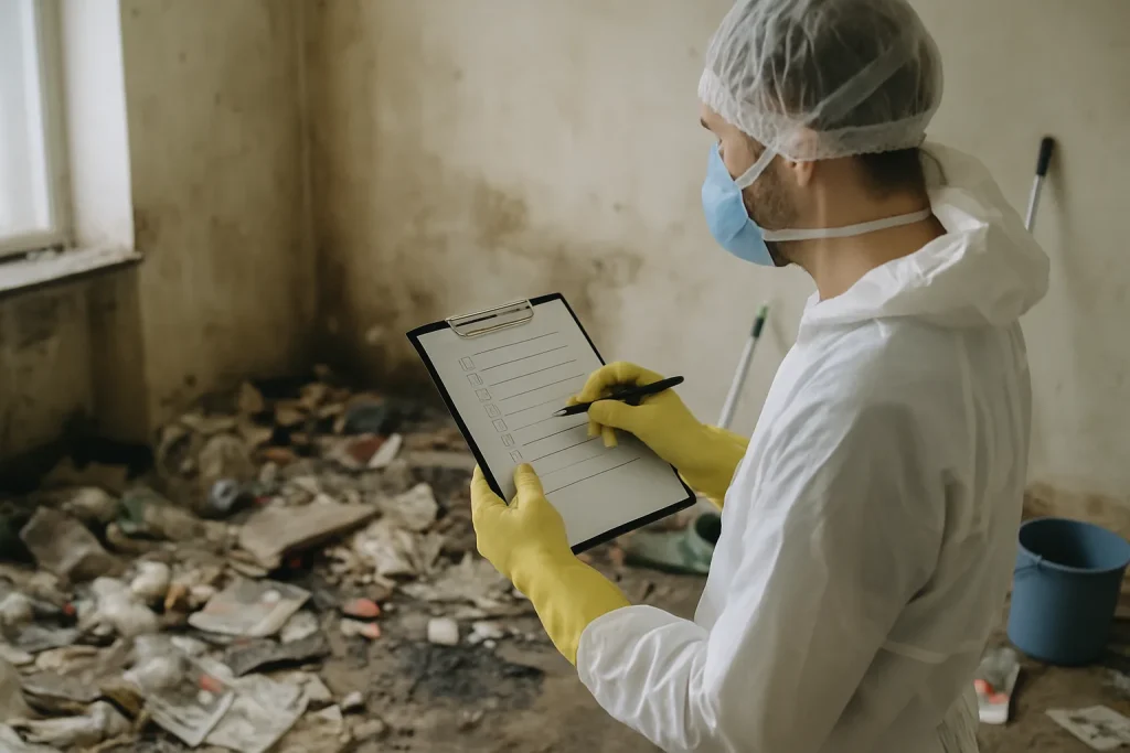 Salle de séjour en désordre avec des déchets à Milizac, illustrant le syndrome de Diogène.