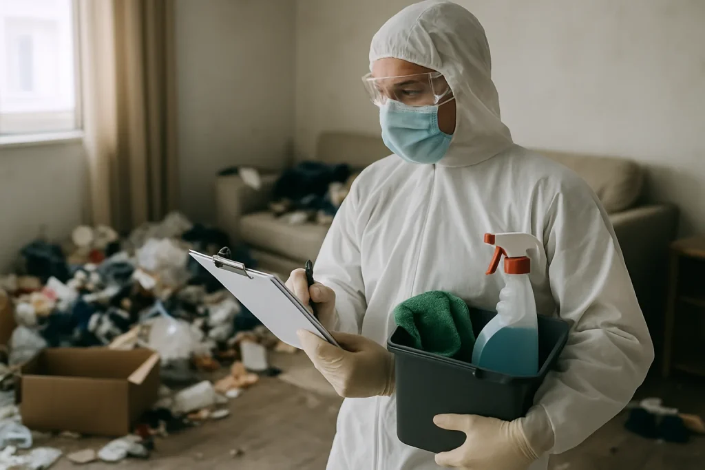 Appartement en désordre à Messimy, avec déchets et objets éparpillés.