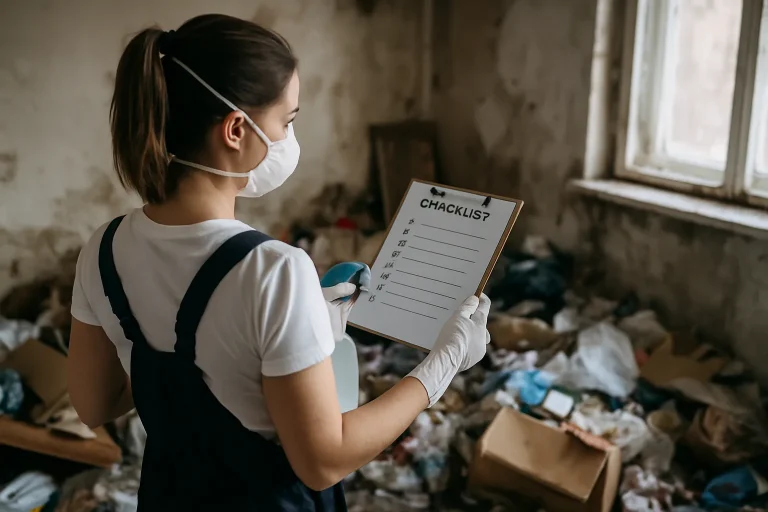 Une pièce en désordre avec des déchets et des meubles renversés, avant nettoyage.