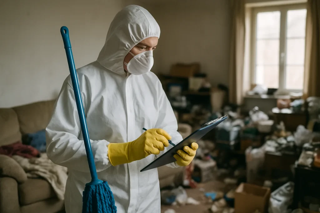 Intérieur d'une maison montrant le désordre et les déchets typiques d'un syndrome de Diogène.