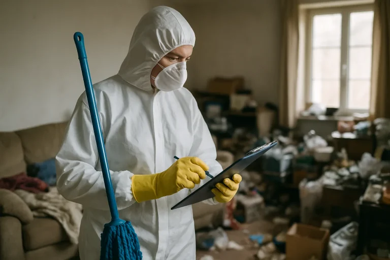 Intérieur d'une maison montrant le désordre et les déchets typiques d'un syndrome de Diogène.