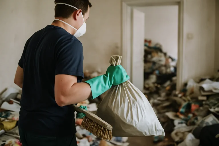 Une équipe de nettoyage à Plouhinec triant des déchets dans un appartement désordonné.