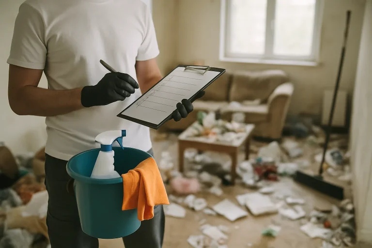 Équipe de nettoyage dans un appartement en désordre à Bruz, triant des déchets.