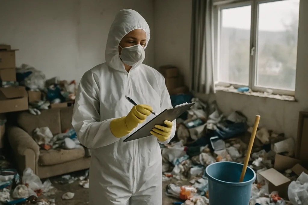 Appartement en désordre avec une personne triant des déchets, lumière naturelle.