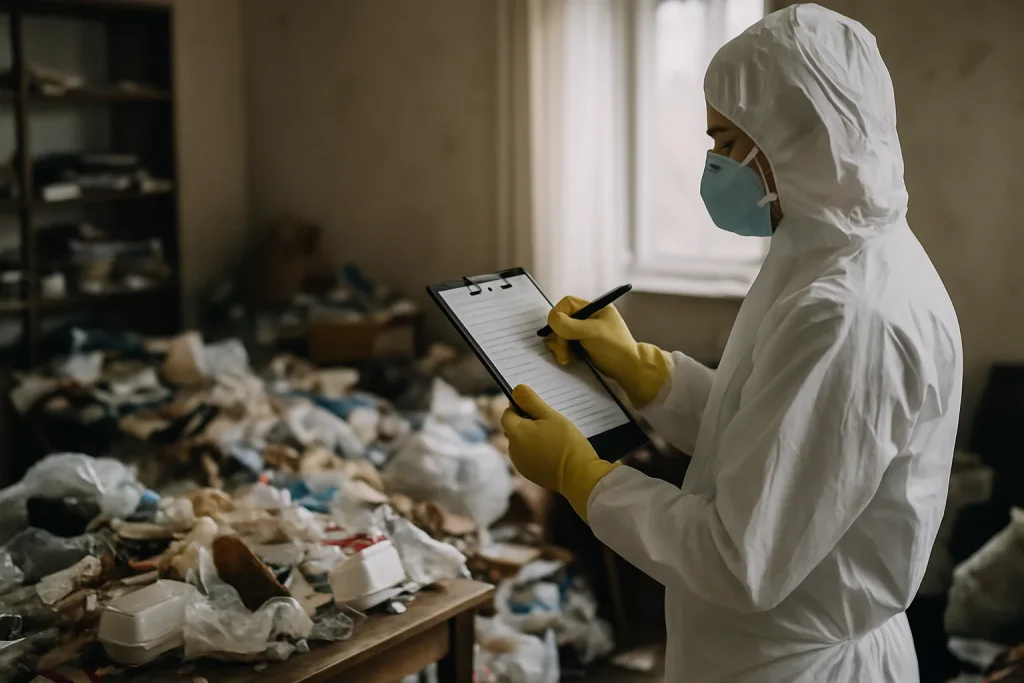 Des agents de nettoyage travaillent dans un appartement à Saint-Just-Malmont, éliminant des objets inutiles.