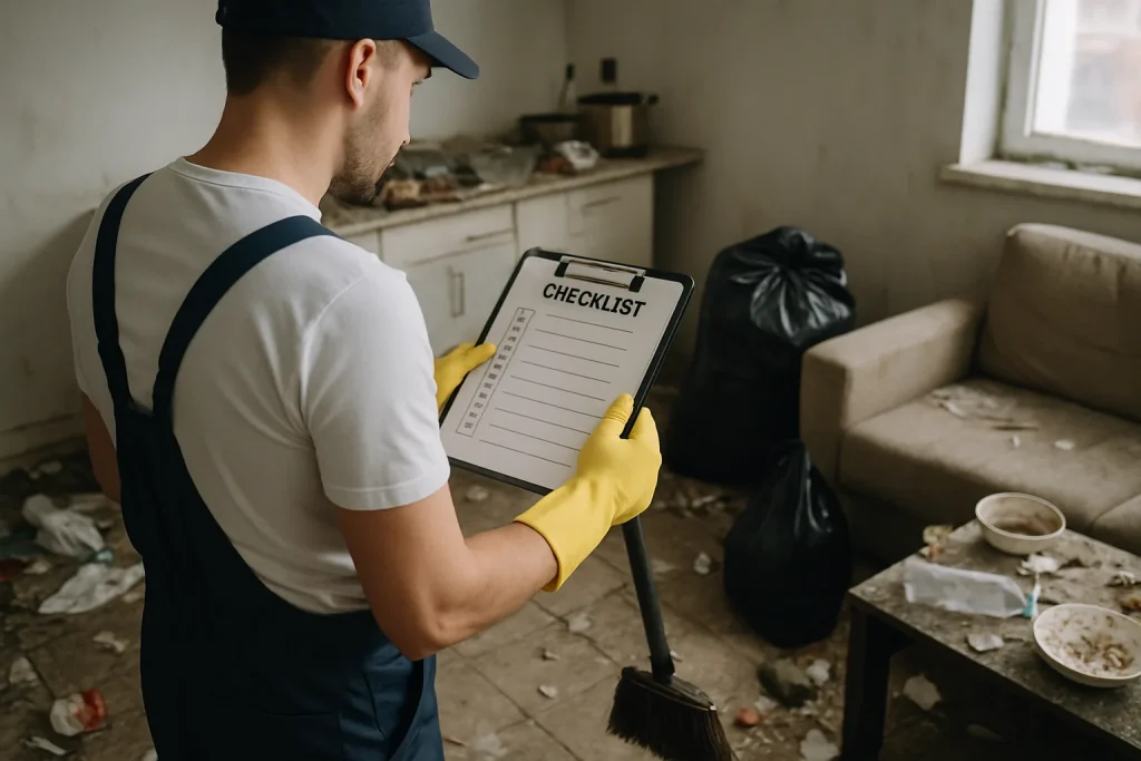 Équipe de nettoyage au travail dans un appartement en désordre à Montagny, avec déchets visibles.