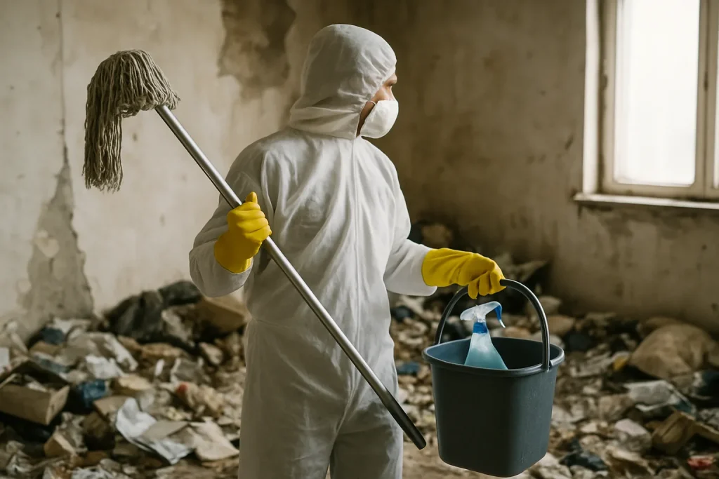 Intérieur d'un appartement en désordre à Rieux, avant le nettoyage post-syndrome de Diogène.
