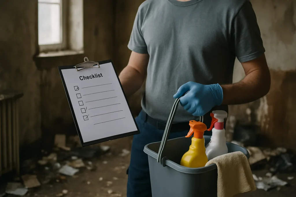 Pièce en désordre avec déchets, préfigurant un nettoyage nécessaire après syndrome de Diogène.