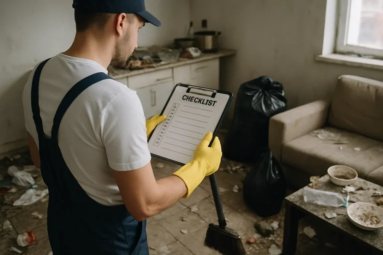 Équipe de nettoyage au travail dans un appartement en désordre à Montagny, avec déchets visibles.